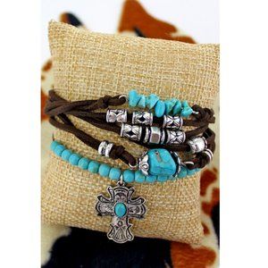 Bracelet. Faux Suede Cords. Turquoise & Silver Beads. Cross Charm.